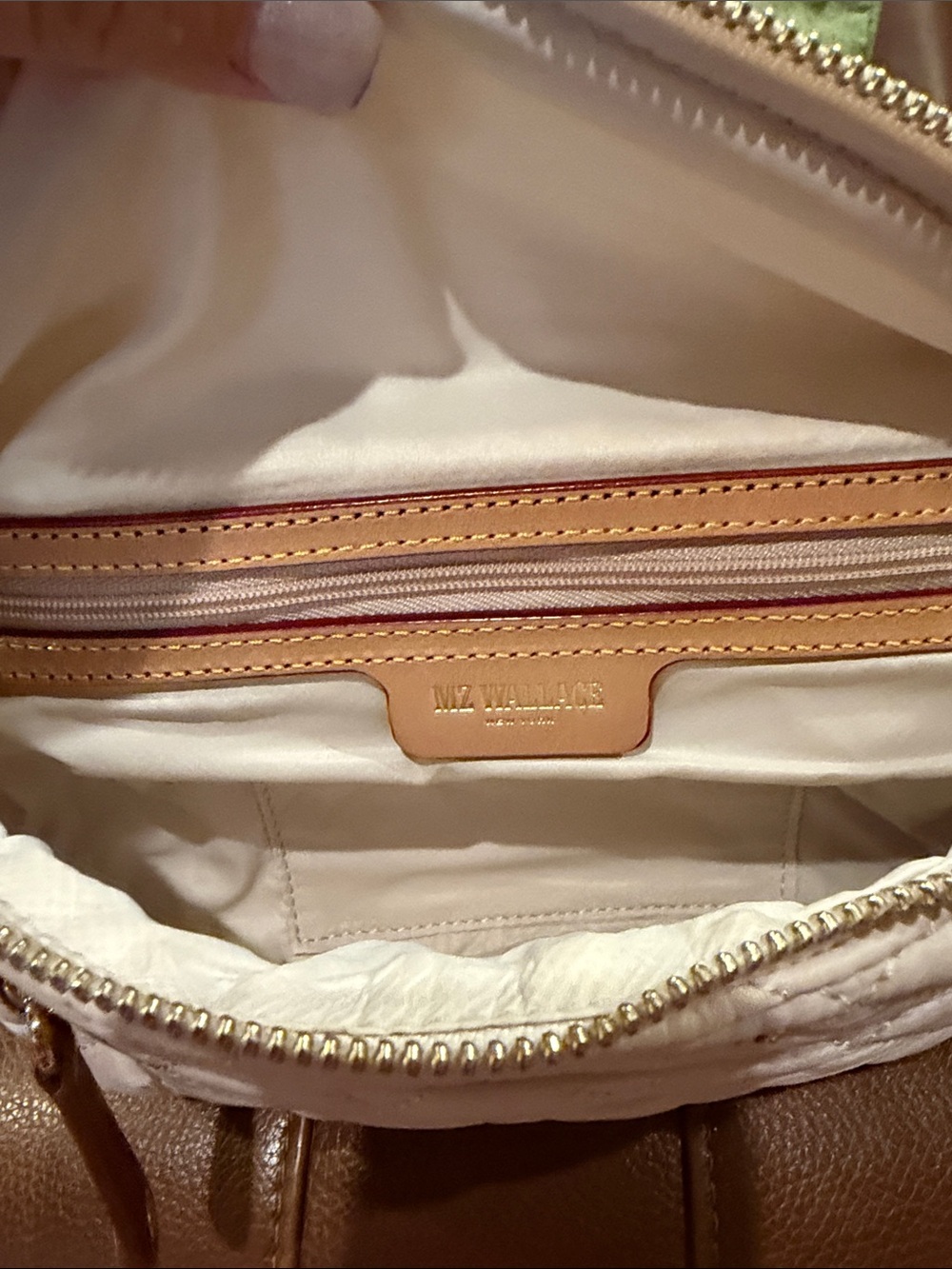 MZ Wallace Crosby Sling Bag - Cream Quilted Crossbody Belt Bag with Tan Trim - Picture 13 of 17
